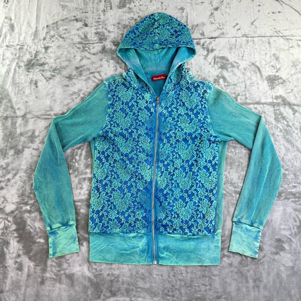 Panhandle Slim Waffle Knit Mesh Embroidered ZipUp Hoodie Women Sz S Blue + Green